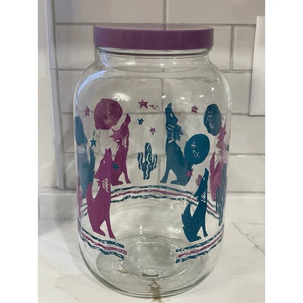 Vintage Southwest Desert Printed Glass Jar Plastic Lid Wide Mouth Large 10 in‎